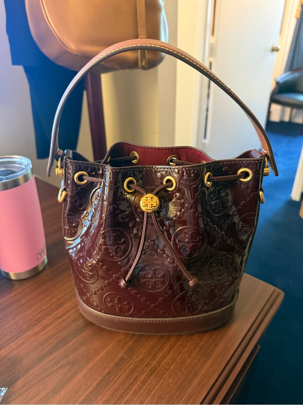 Tory Burch T Monogram Patent Leather Bucket Bag in Burgundy